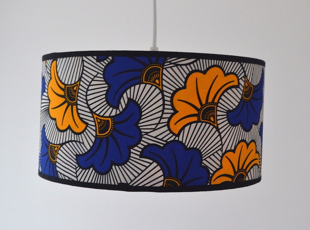 Abat Jour Tissu Wax, Suspension Luminaire Africain, Abat Africain Fleur de Mariage Bleu Jaune, Lampe