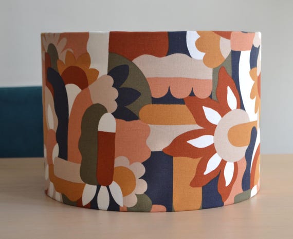 Abat jour tissu coton floral seventies terracotta , lampe à poser vintage floral, suspension tissu fleur, plafonnier, luminaire rétro
