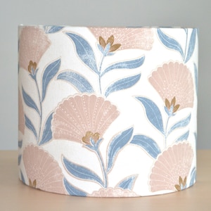 White cotton fabric lampshade with pink and blue flower, table lamp printed with pink and blue floral fabric, suspension, white flower light fixture, pink
