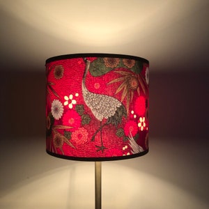 Round Japanese fabric lampshade in red, fuschia pink, silver and green bird crane and flower pattern, table lamp, floor lamp, ceiling light image 5