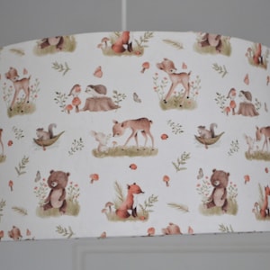 White cotton lampshade children's bedroom baby animals forest doe rabbit, children's table lamp forest animals, children's forest animals pendant lamp image 1