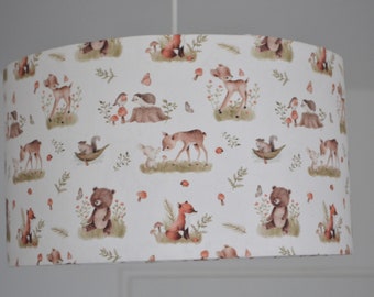 White cotton lampshade children's bedroom baby animals forest doe rabbit, children's table lamp forest animals, children's forest animals pendant lamp