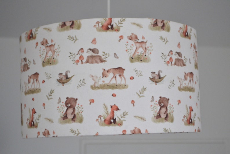 White cotton lampshade children's bedroom baby animals forest doe rabbit, children's table lamp forest animals, children's forest animals pendant lamp image 1