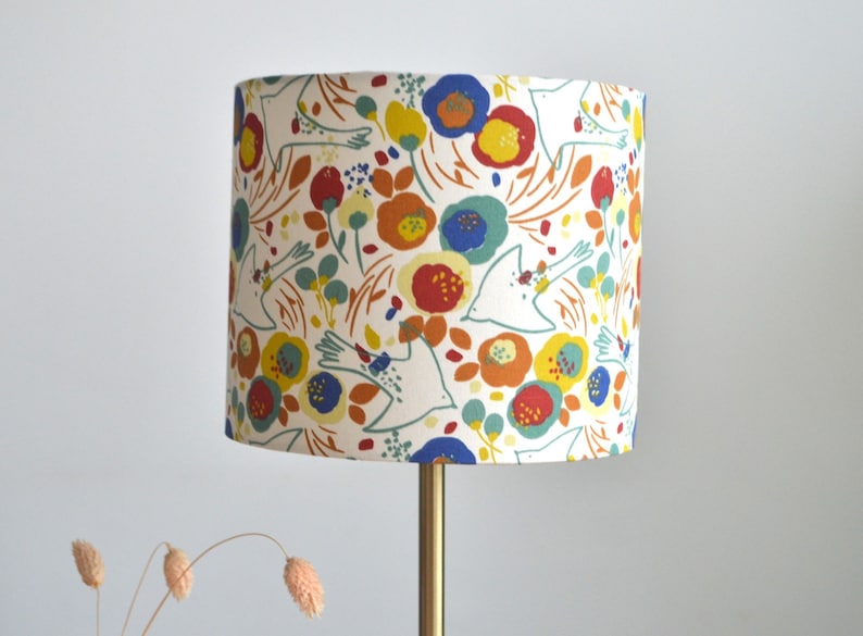 Round flower and bird fabric lampshade, floral print table lamp, suspension, fabric lampshade, fabric light fixture image 2