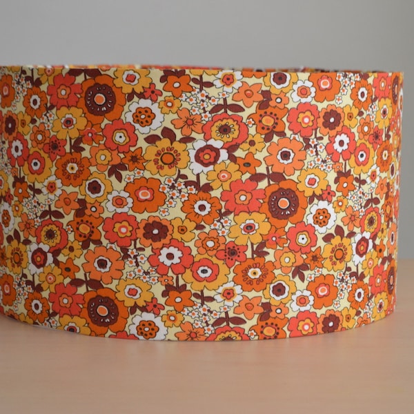 Abat-jour tissu coton fleurs orange rétro,lampe à poser imprimé tissu fleuri rétro, suspension, luminaire, suspension