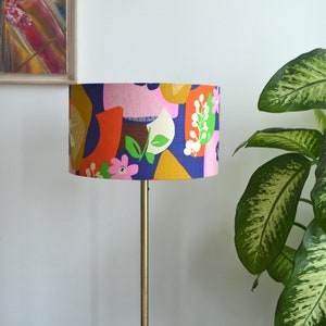 Graphic fabric lampshade, retro blue orange pink flower, multicolor vintage fabric printed table lamp, suspension, multicolor light fixture image 3