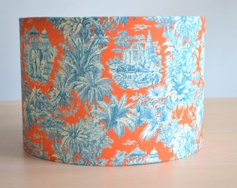 Lampenkap van katoen met een Indiase pop-up print in oranje en blauw, ronde lampenkap met een jungle-olifantenprint in blauw en oranje, hanglamp, lamp in de vorm van een palmboom