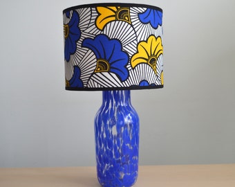 Yellow blue wax fabric lampshade, African lighting, African fabric lampshade with blue yellow wedding flower, African wax table lamp