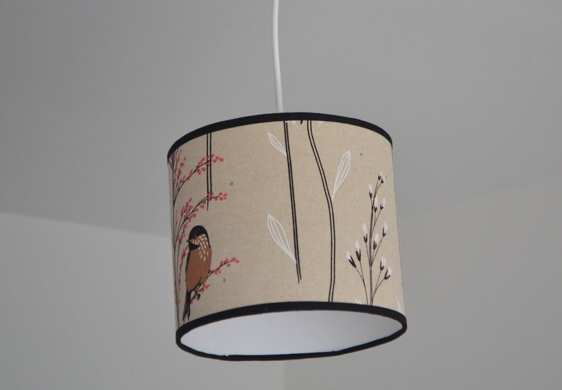 Abat-jour rond tissu fleurs et oiseau rouge-gorge effet lin, lampe à poser imprimé oiseau, suspension, abat jour tissu, luminaire tissu image 9