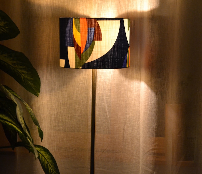 Vintage blauw oranje veelkleurige katoenen stof lampenkap, kleurrijke patroon tafellamp, woonkamer ophanging, plafondlamp, veelkleurige katoenen lamp afbeelding 8