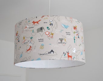 Gray cotton lampshade children's room baby animals world map, table lamp children's room animals, children's room animal pendant light