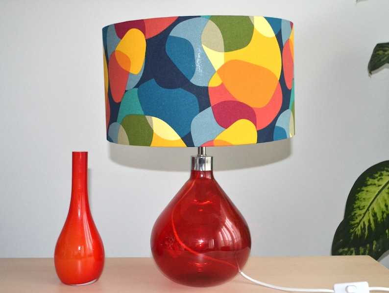 Retro printed cotton fabric lampshade, retro sixties pattern table lamp, living room suspension, ceiling light, multicolored cotton light fixture image 4