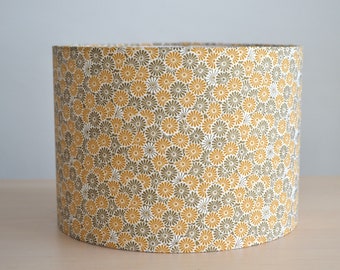 Abat-jour tissu coton imprimé fleurs jaune et doré, abat-jour pour lampe à poser, suspension motif japonais