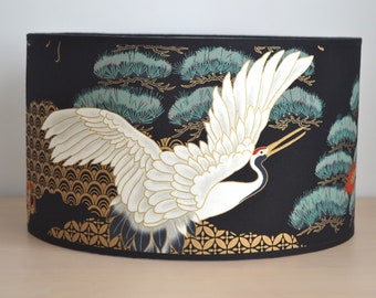 Round Japanese fabric lampshade with crane bird and dragon pattern on black background, Japanese bird table lamp, Japanese table lamp and floor lamp