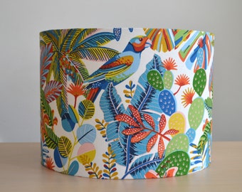 Cotton lampshade with tropical bird parakeet pattern, round bird lampshade with tropical forest parakeet print, suspension, foliage lighting