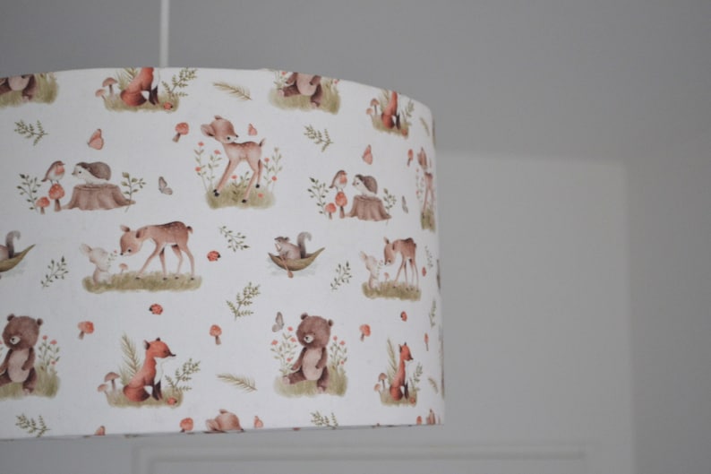 White cotton lampshade children's bedroom baby animals forest doe rabbit, children's table lamp forest animals, children's forest animals pendant lamp image 2