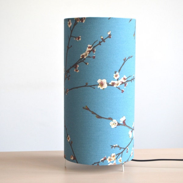 Lampe à poser bleu motif japonais branche fleur de cerisier, lampe à poser tube chambre, lampe à poser salon