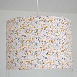 Paralume in tessuto di cotone con fantasia di fiori rosa, grigio e giallo, sospensione in cotone per cameretta con fiori grigio rosa, lampada da terra in tessuto per bambini con fiori