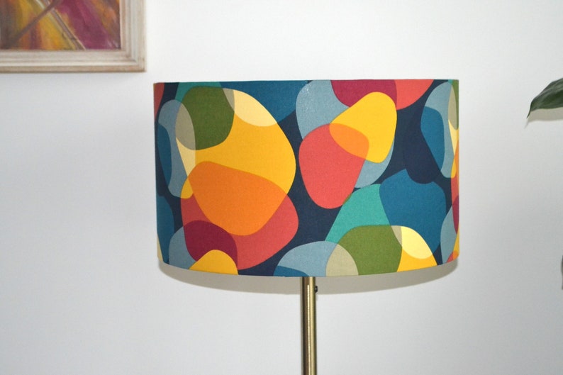 Retro printed cotton fabric lampshade, retro sixties pattern table lamp, living room suspension, ceiling light, multicolored cotton light fixture image 3