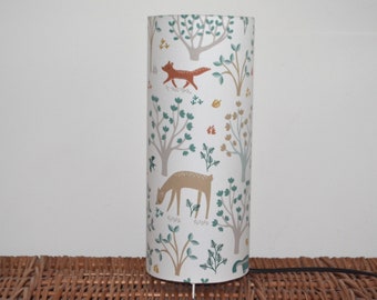 Pretty wood children's bedroom table lamp: deer, fox, white fabric tube lamp for children, forest animal bedside lamp