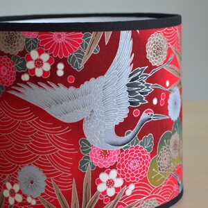 Round Japanese fabric lampshade in red, fuschia pink, silver and green bird crane and flower pattern, table lamp, floor lamp, ceiling light image 4