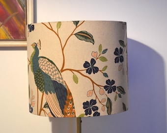 Round peacock fabric lampshade, peacock bird print table lamp, suspension, fabric lampshade, fabric lighting