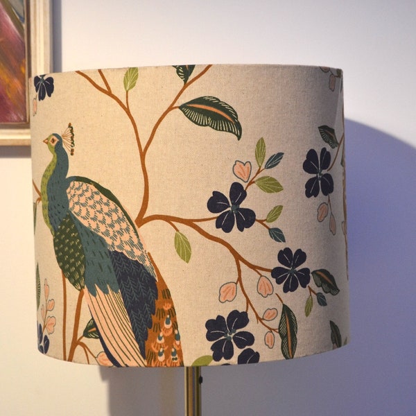 Abat-jour rond tissu paon, lampe à poser imprimé oiseau paon, suspension, abat jour tissu, luminaire tissu