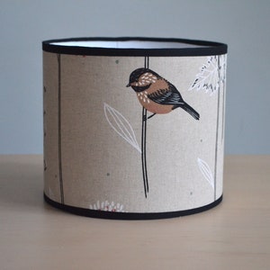 Round fabric lampshade flowers and robin bird linen effect, bird print table lamp, suspension, fabric lampshade, fabric lighting