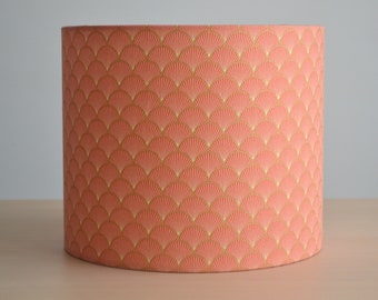 Cotton fabric lampshade with golden coral Japanese fan pattern, lampshade for table lamp, suspension, art deco cotton fabric