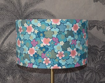 Abat-jour tissu japonais fleur Sakura, lampe à poser motif japonais fleur, suspension, abat jour tissu turquoise bleu canard, luminaire