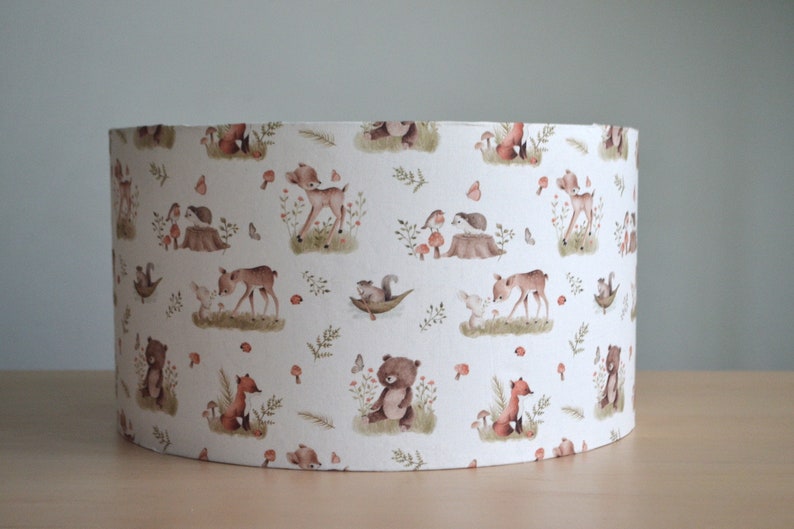 White cotton lampshade children's bedroom baby animals forest doe rabbit, children's table lamp forest animals, children's forest animals pendant lamp image 4