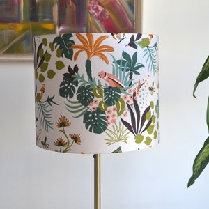 White tropical bird pattern cotton lampshade, round jungle print bird lampshade, suspension, lighting