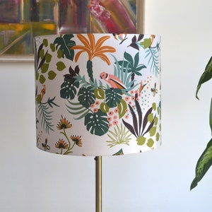 Abat-jour coton motif tropical oiseau blanc, abat jour rond oiseau imprimé jungle, suspension, luminaire