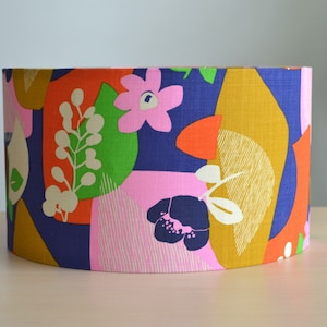Graphic fabric lampshade, retro blue orange pink flower, vintage multicolor fabric print table lamp, pendant light, multicolor light fixture