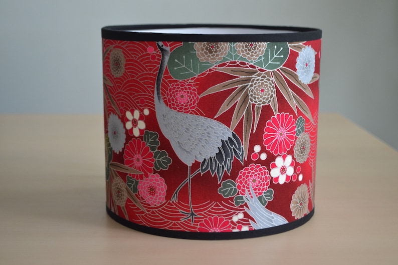 Round lampshade in red, fuchsia pink, silver and green Japanese fabric with a crane bird and flower motif; suitable for table lamps, floor lamps, and ceiling lights. image 3