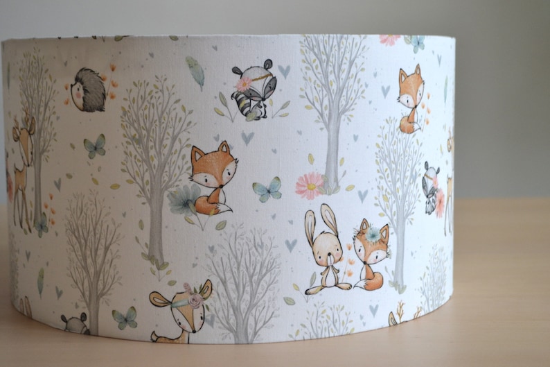 White cotton lampshade for baby children's room, pretty wood: fox, rabbit, children's table lamp, forest animals, children's forest animal pendant lamp image 3