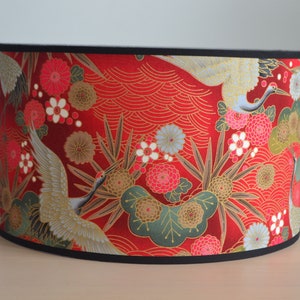 Round Japanese fabric lampshade in red and gold with crane bird, Japanese bird table lamp, red table lamp and floor lamp, Japanese lighting
