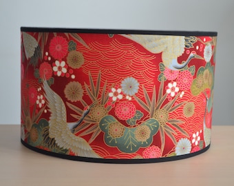 Abat-jour rond tissu japonais rouge doré oiseau grue, lampe à poser japonais oiseau, lampe de table et lampadaire rouge, luminaire japonais