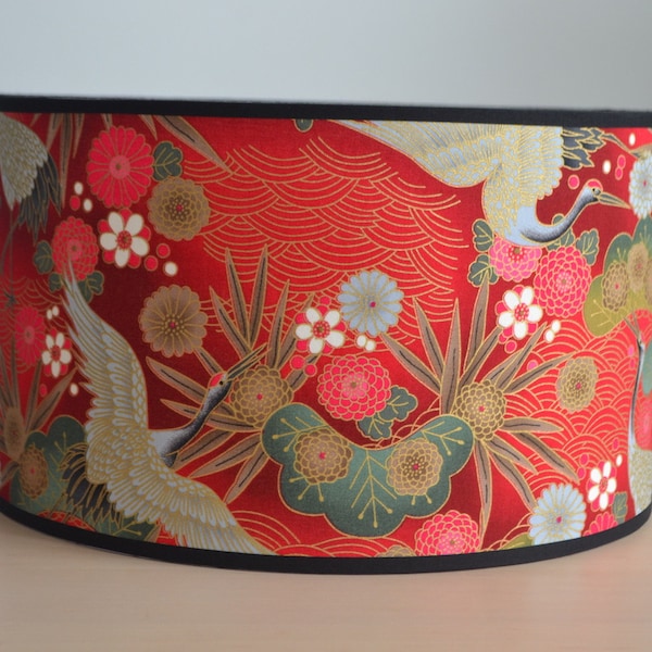 Round golden red Japanese fabric lampshade with crane bird, Japanese bird table lamp, red table lamp and floor lamp, Japanese lighting fixture