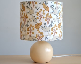Table lamp cotton fabric white background printed blue bird and flowers, round bird lampshade, suspension, bird and flower light fixture