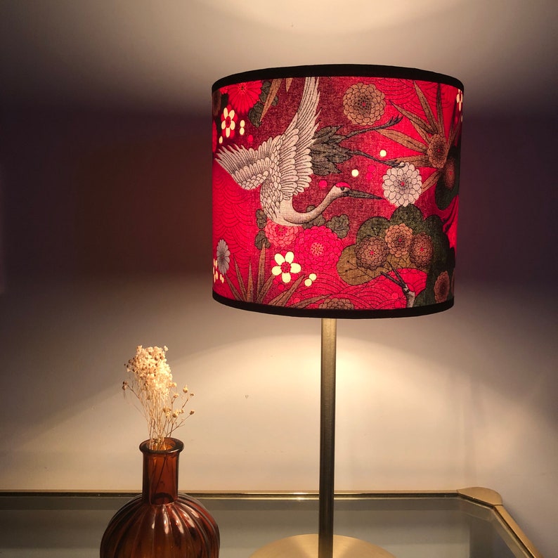 Round Japanese fabric lampshade in red, fuschia pink, silver and green bird crane and flower pattern, table lamp, floor lamp, ceiling light image 6