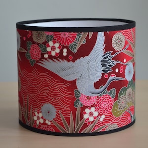 Round Japanese fabric lampshade in red, fuschia pink, silver and green bird crane and flower pattern, table lamp, floor lamp, ceiling light image 2