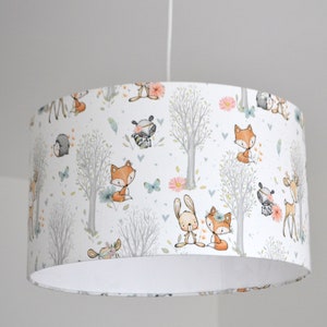 White cotton lampshade for baby children's room, pretty wood: fox, rabbit, children's table lamp, forest animals, children's forest animal pendant lamp image 1