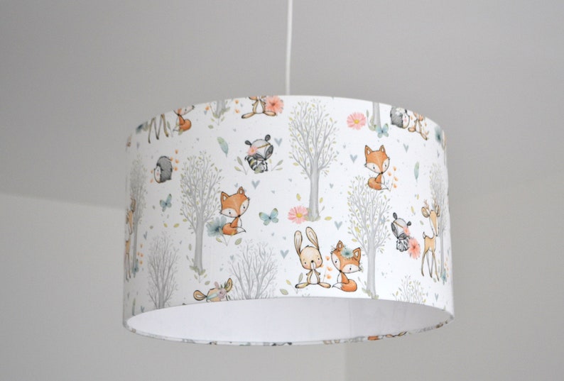 White cotton lampshade for baby children's room, pretty wood: fox, rabbit, children's table lamp, forest animals, children's forest animal pendant lamp image 1