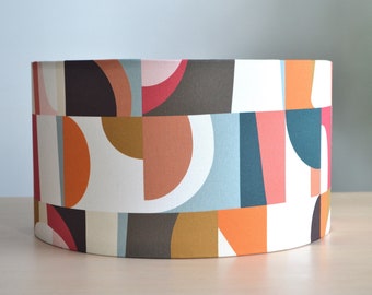 Vintage retro geometric blue orange multicolored cotton fabric lampshade, colorful table lamp, living room pendant light, ceiling light, retro lighting