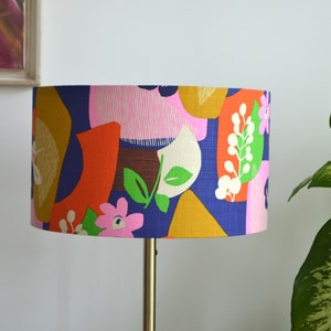 Graphic fabric lampshade, retro blue orange pink flower, multicolor vintage fabric printed table lamp, suspension, multicolor light fixture image 4