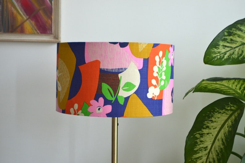 Graphic fabric lampshade, retro blue orange pink flower, multicolor vintage fabric printed table lamp, suspension, multicolor light fixture image 4