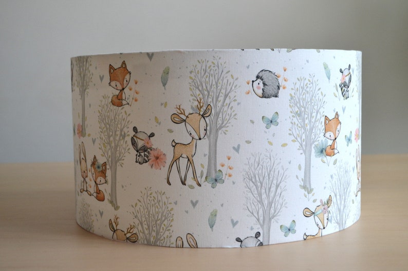 White cotton lampshade for baby children's room, pretty wood: fox, rabbit, children's table lamp, forest animals, children's forest animal pendant lamp image 4