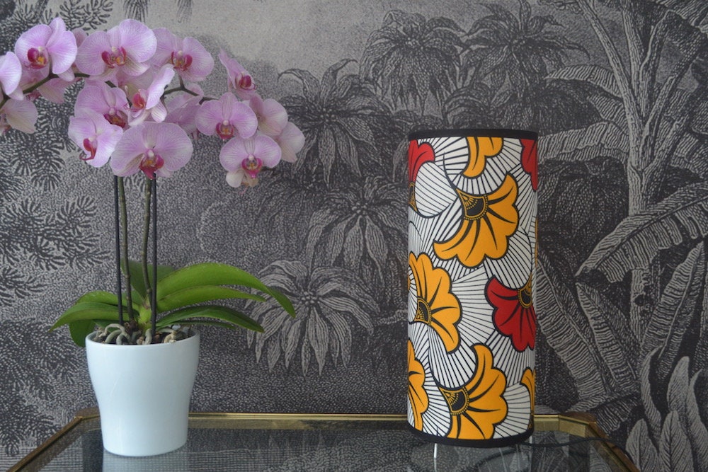 Lampe Tube Tissu Wax Africain Fleur de Mariage Rouge Orange