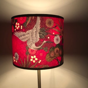 Round Japanese fabric lampshade in red, fuschia pink, silver and green bird crane and flower pattern, table lamp, floor lamp, ceiling light image 1